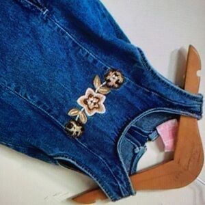 Charming denim zipper dress floral embroidery